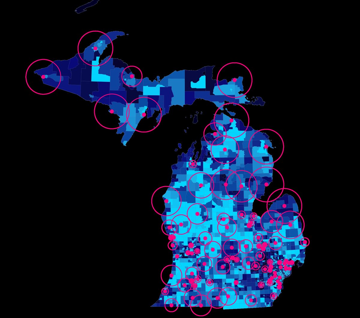 Michigan census tracts colored by projected reach of the target customer, with circles marking store locations